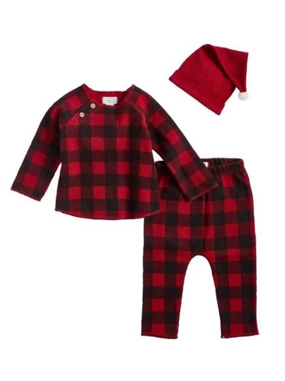 Mud Pie Christmas Red & Black Buffalo Plaid Baby Two-Piece Outfit with Santa Hat